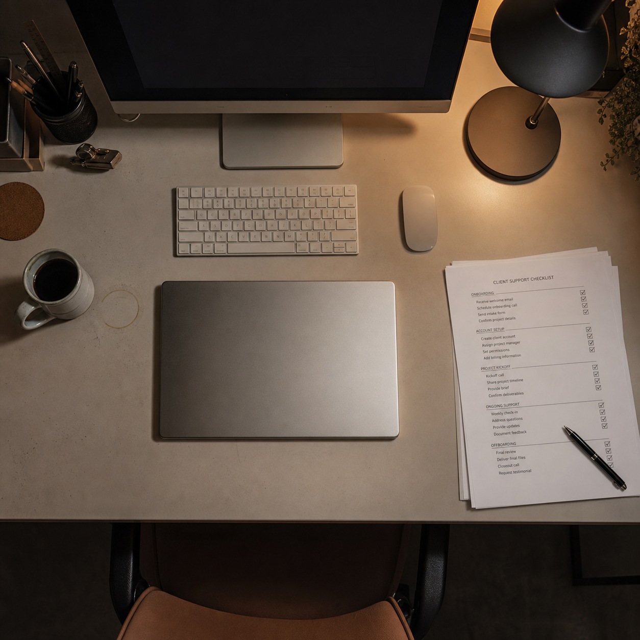 Remote IT support image prompt 14 Dezeen editorial closing Tidy remote design desk with a completed support checklist beside a closed laptop. | Sky Rye Design Tidy remote design desk with a completed support checklist beside a closed laptop.