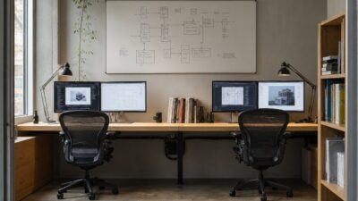 Compact remote design studio with dual monitors, cable management, and a workflow whiteboard.