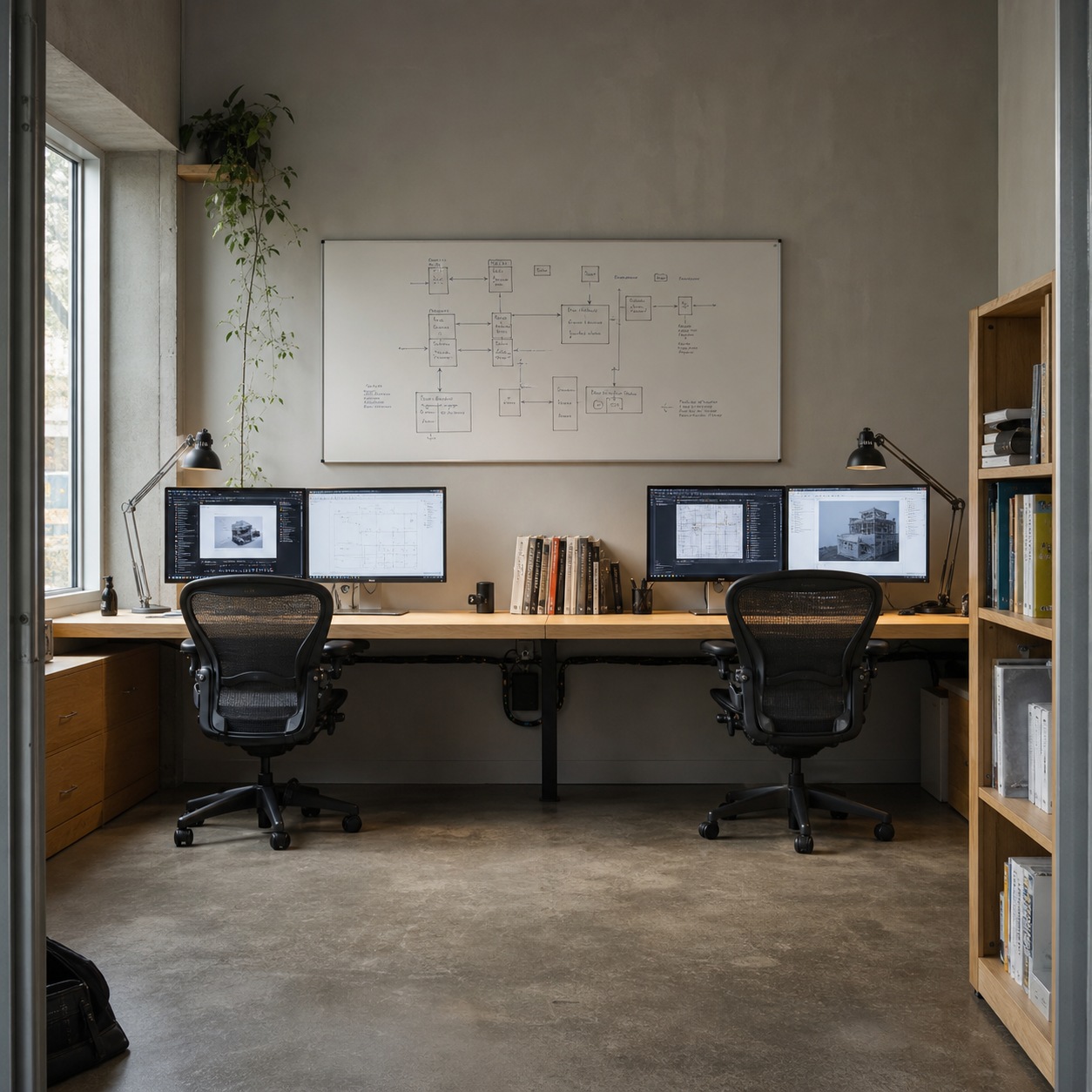 Remote Design Operations Studio Workspace Compact remote design studio with dual monitors, cable management, and a workflow whiteboard. | Sky Rye Design Compact remote design studio with dual monitors, cable management, and a workflow whiteboard.