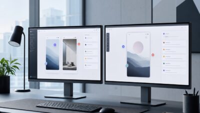 A remote design studio desk with monitors showing pinned visual feedback on a UI mockup.