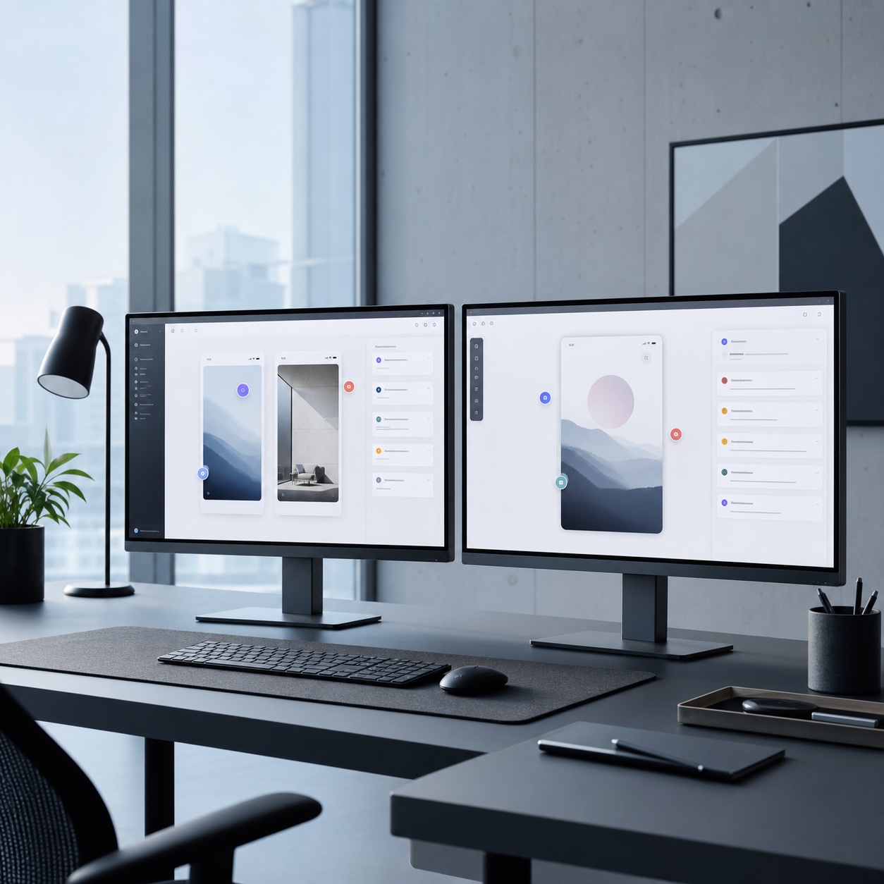 A remote design studio desk with monitors showing pinned visual feedback on a UI mockup.