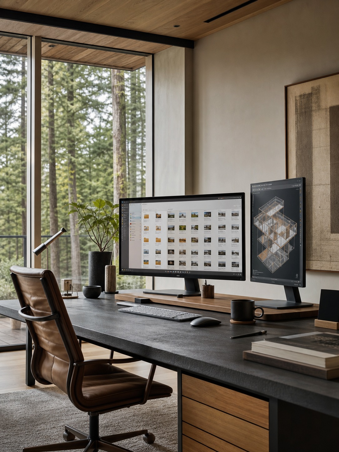 Hero modern remote design studio workspace Modern remote design studio workspace with synced project files and a CAD rendering on large screens. | Sky Rye Design Modern remote design studio workspace with synced project files and a CAD rendering on large screens.