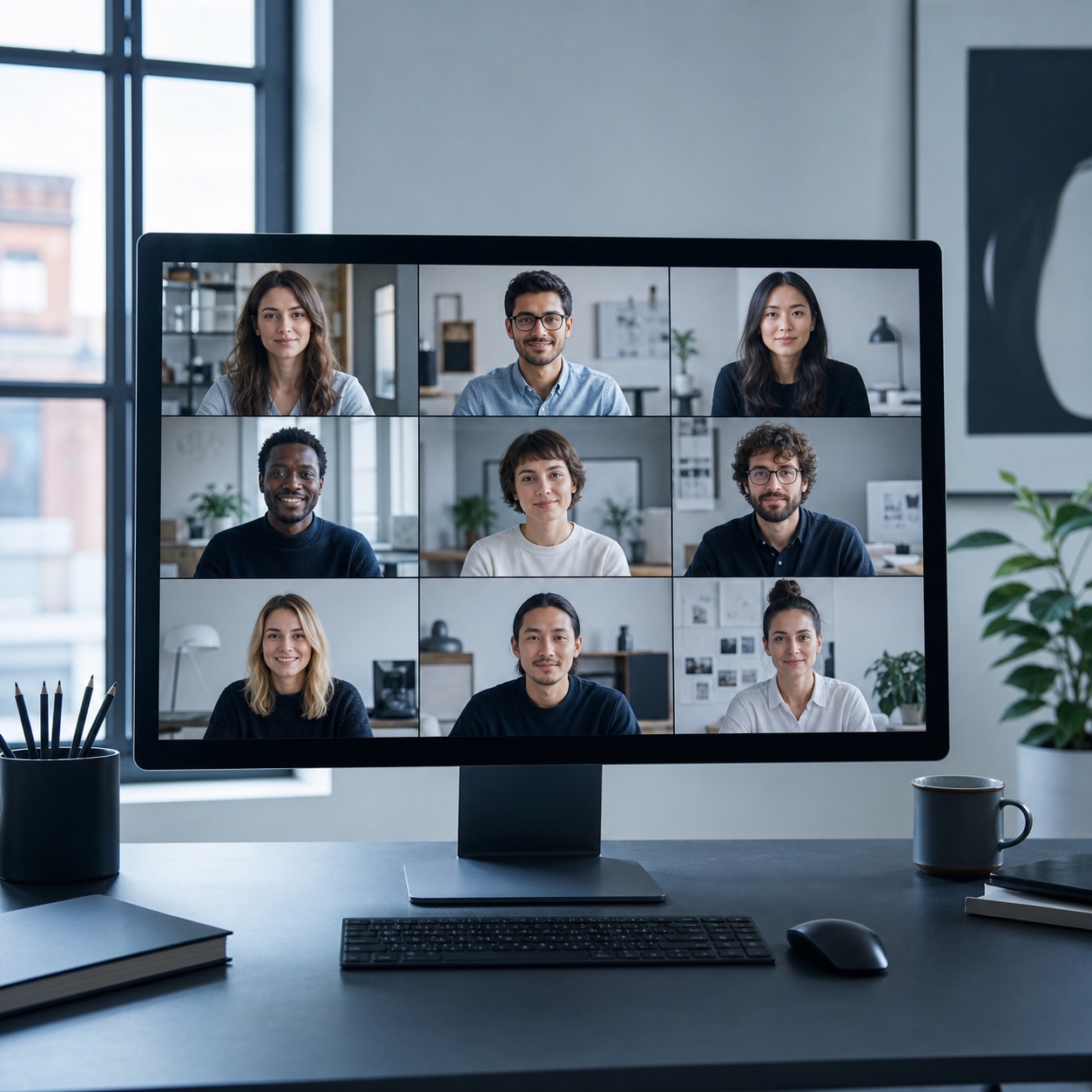 A studio monitor showing a remote design team video call in a clean grid layout.
