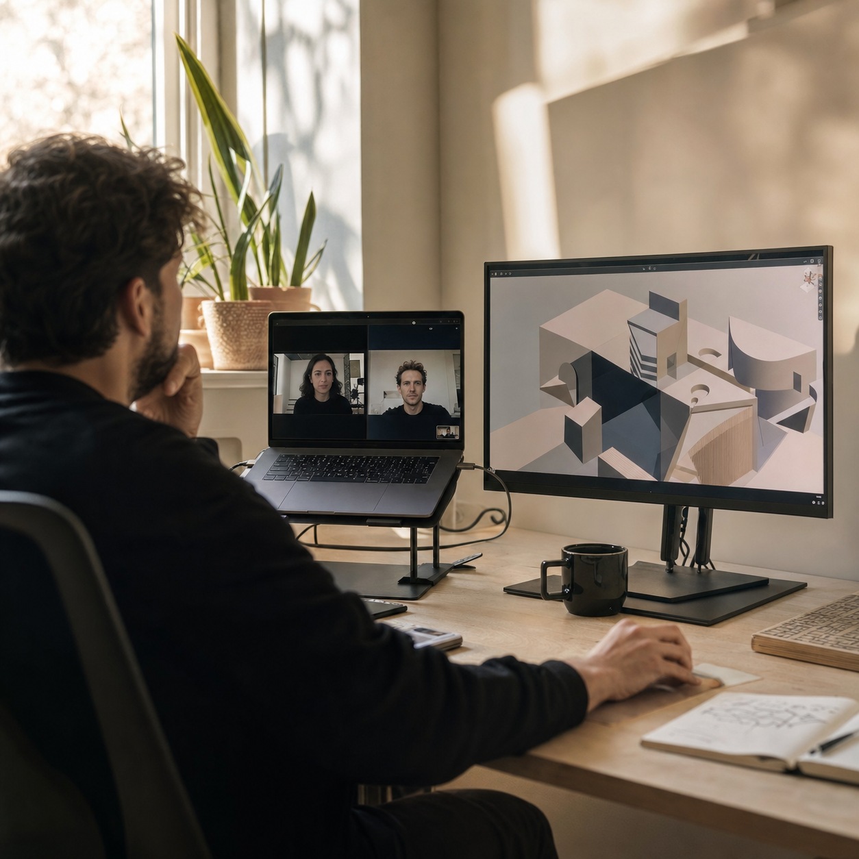Remote 3D file review Designer reviewing a shared 3D model during a video call in a warm studio workspace. | Sky Rye Design Designer reviewing a shared 3D model during a video call in a warm studio workspace.