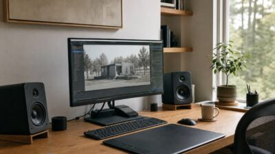 Minimal home studio desk with a monitor showing a 3D modeling scene, speakers, and a drawing tablet.