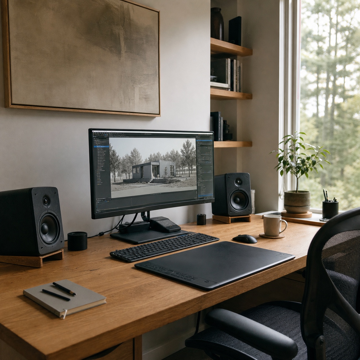 Remote Designer Cloud Workstation Home Studio Minimal home studio desk with a monitor showing a 3D modeling scene, speakers, and a drawing tablet. | Sky Rye Design Minimal home studio desk with a monitor showing a 3D modeling scene, speakers, and a drawing tablet.