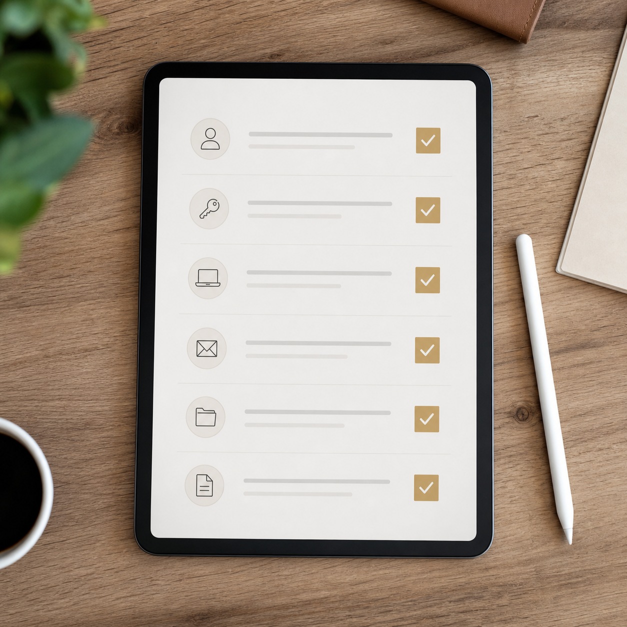 Tablet showing an abstract checked offboarding list beside a stylus on a wood desk.