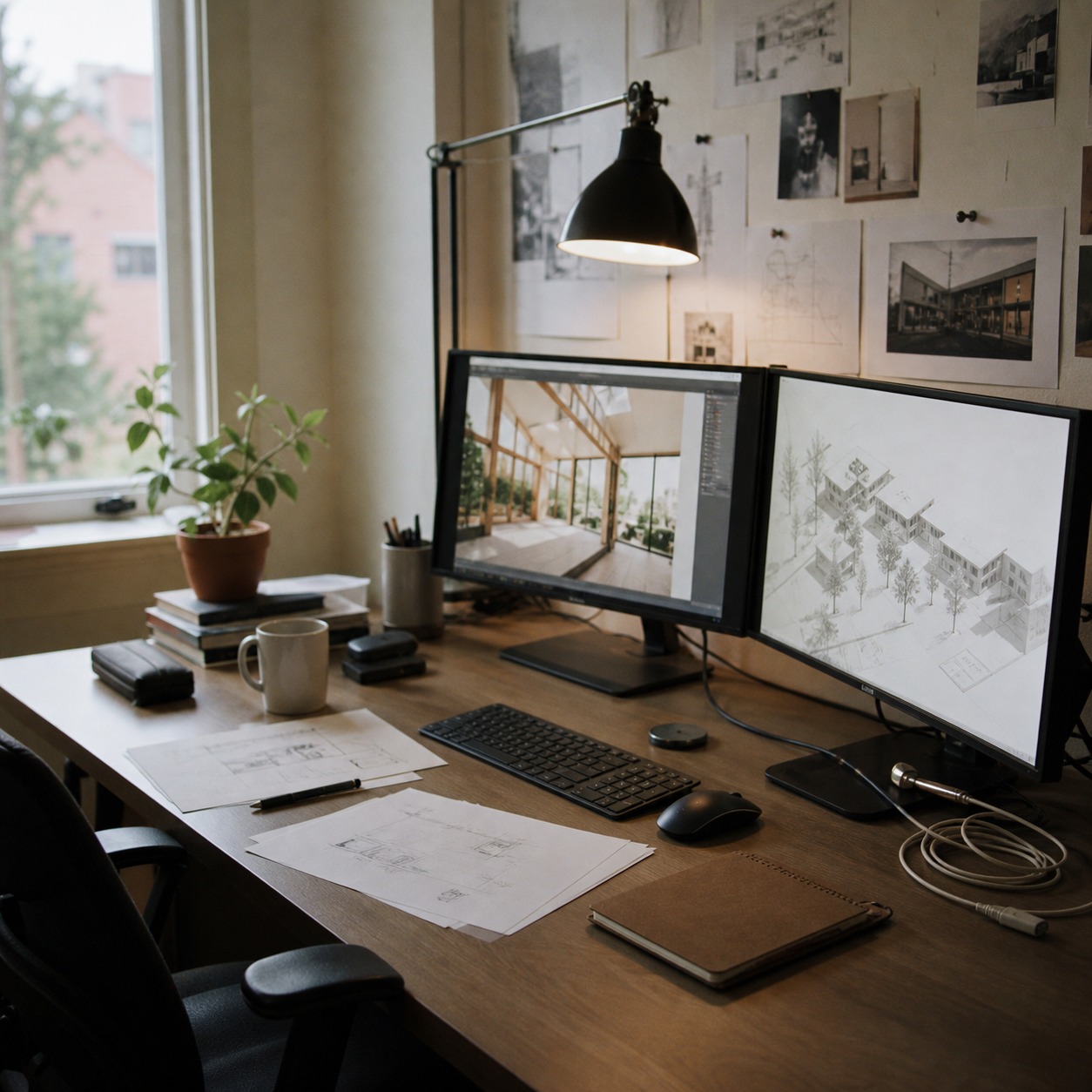Compact home design studio with dual monitors, a drafting lamp, and design sketches.