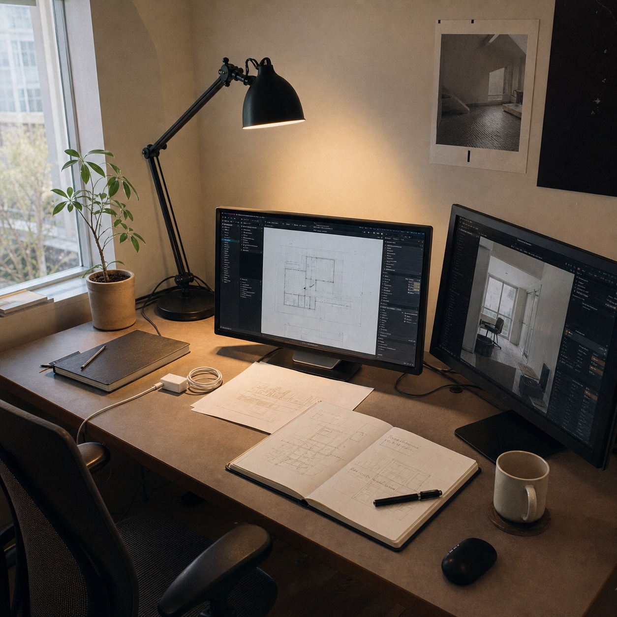 Remote Home Design Studio Setup Compact home design studio corner with dual monitors, drafting lamp, and organized desk setup. | Sky Rye Design Compact home design studio corner with dual monitors, drafting lamp, and organized desk setup.