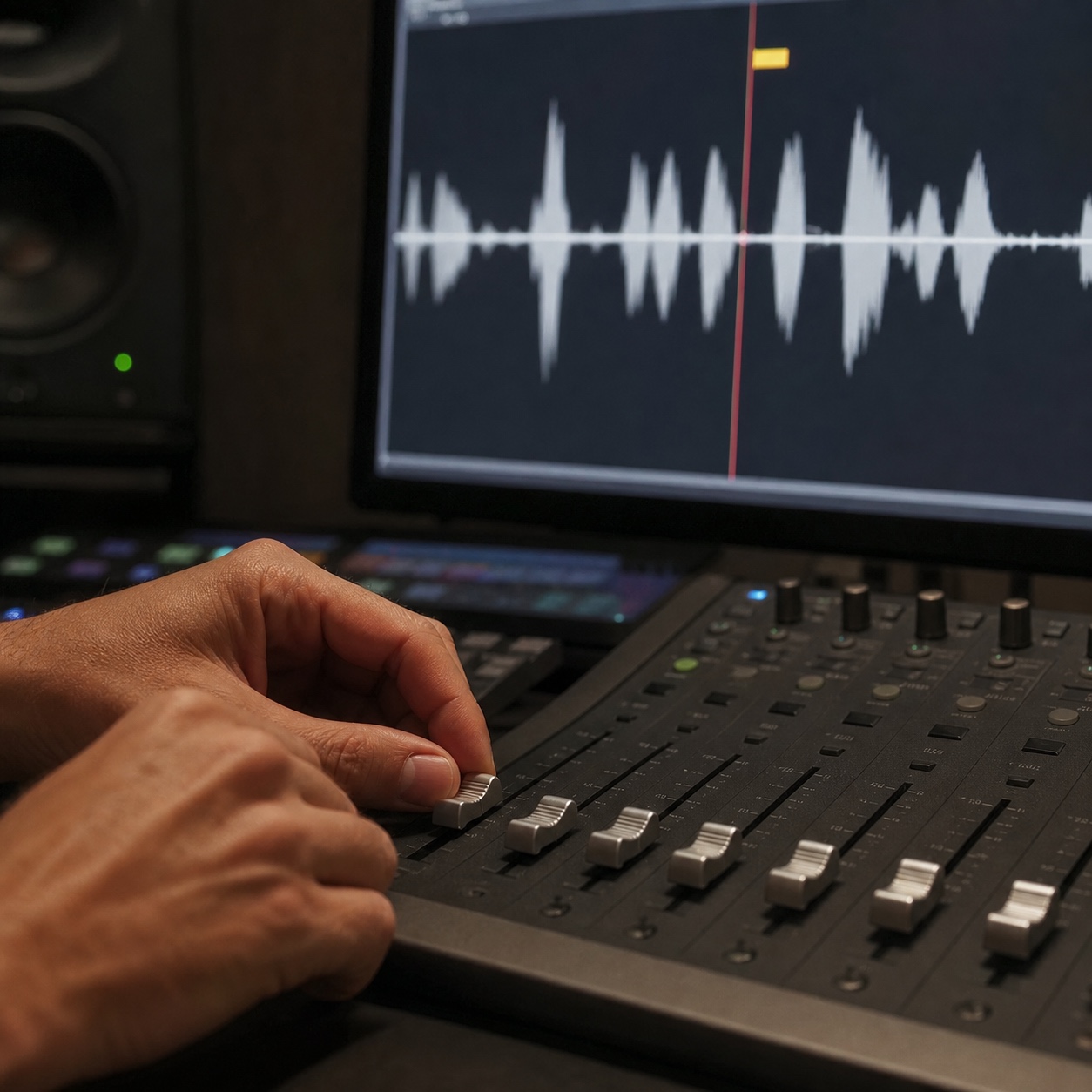 A sound editor adjusting a mixing console while an audio waveform fills the monitor.
