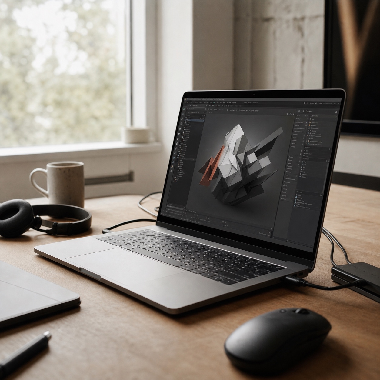 A lightweight laptop running an abstract 3D workstation session on a studio desk.