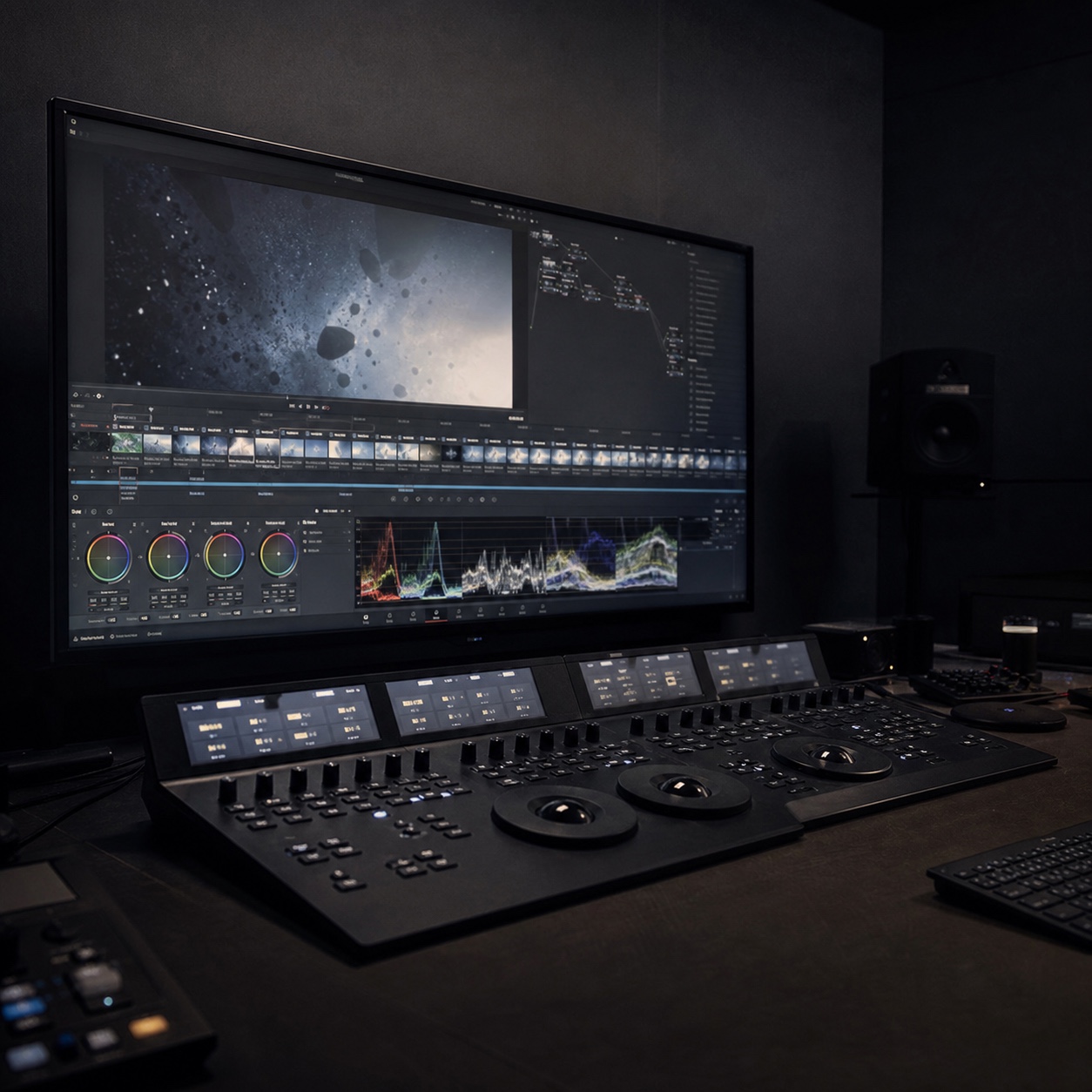 A dim color grading suite with a calibrated monitor and editing control surface.