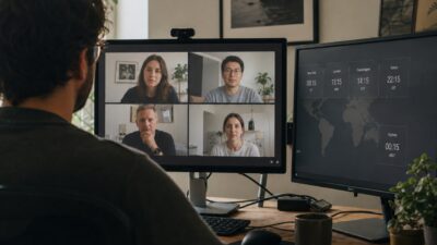 Designer on a video call at a home desk with multiple time zones visible on a second monitor.