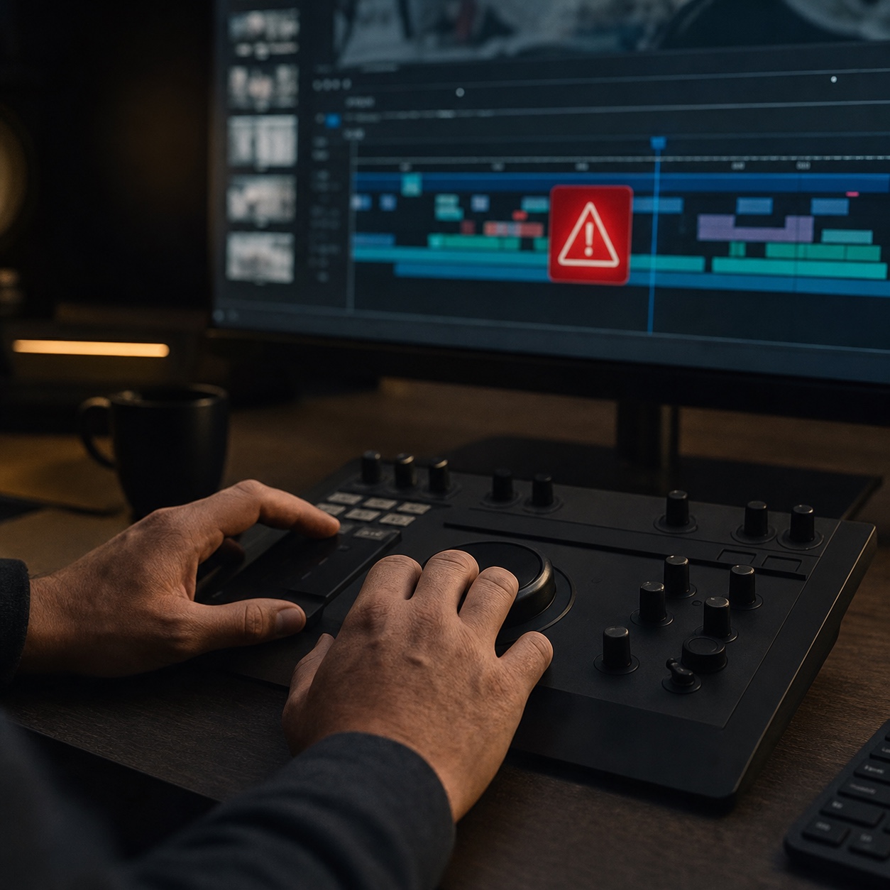 An editor using a jog wheel controller while an abstract sync warning appears on a timeline.