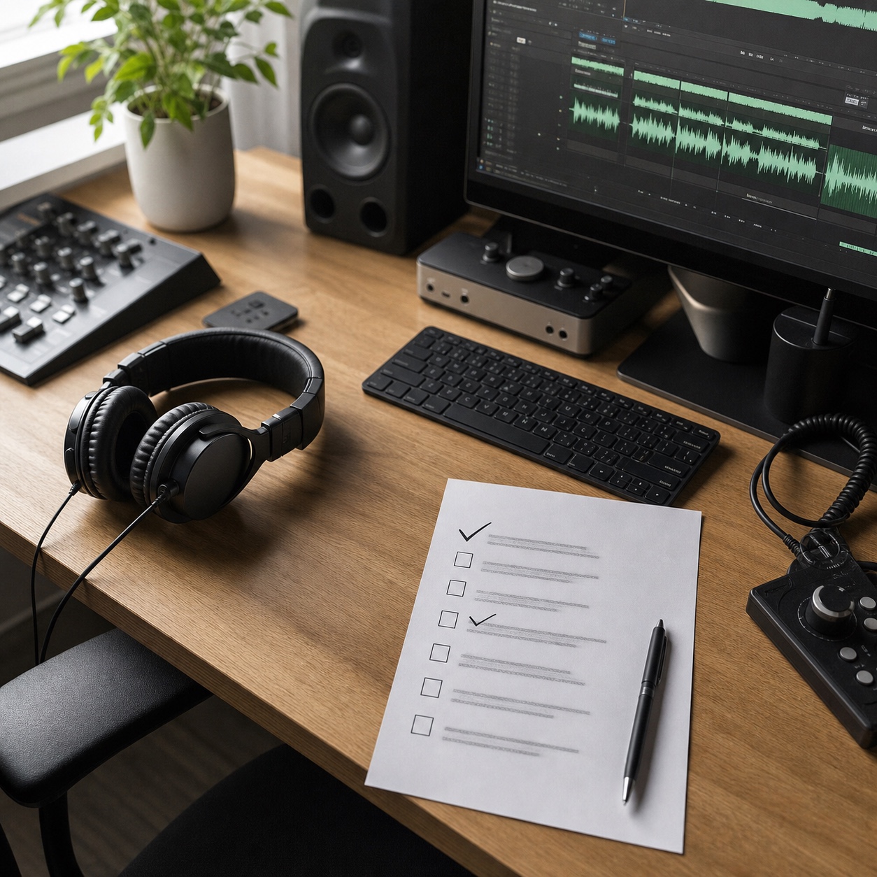 A studio desk prepared for a freelancer with headphones, audio software, and an onboarding checklist.