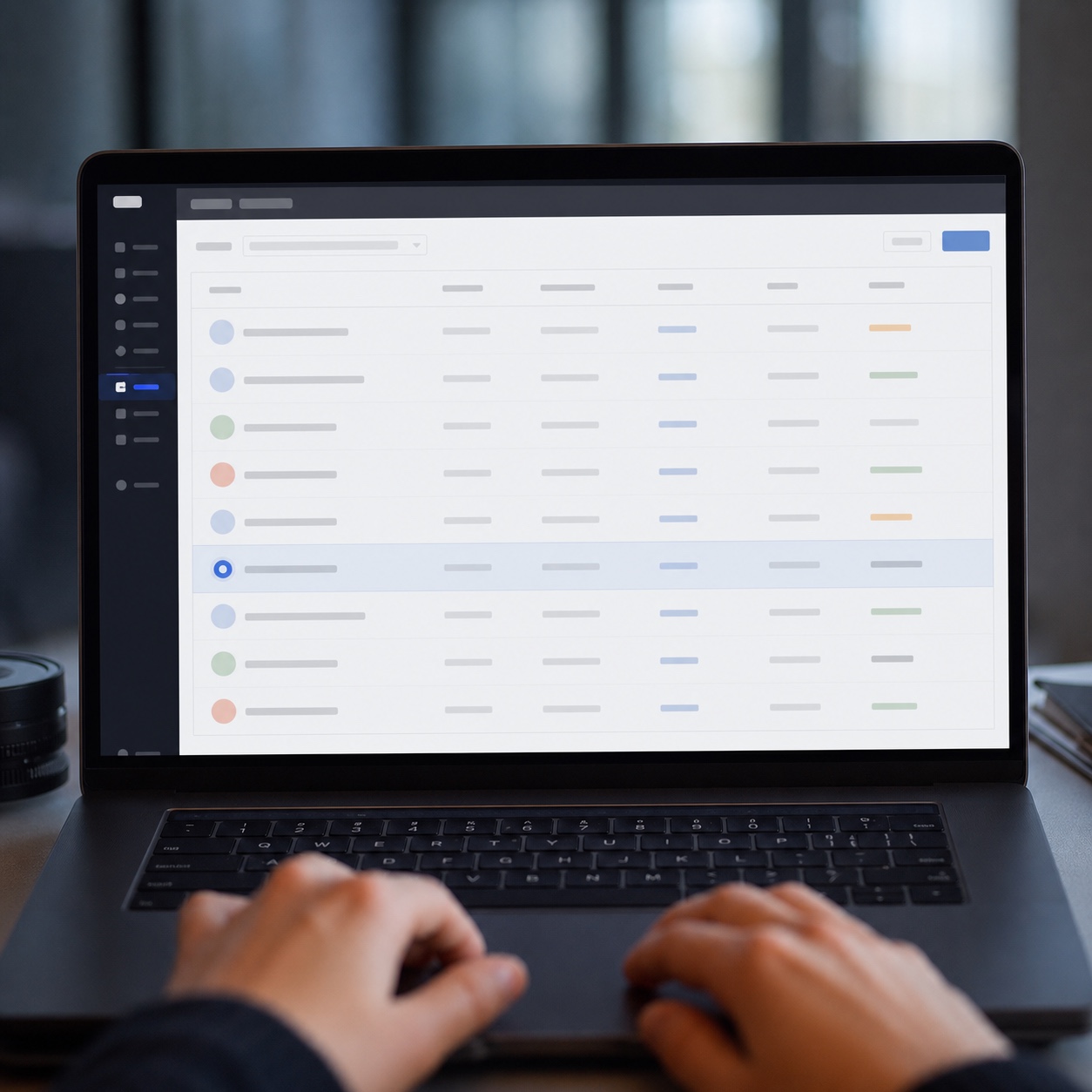 A laptop showing an abstract license governance table with one highlighted review row.