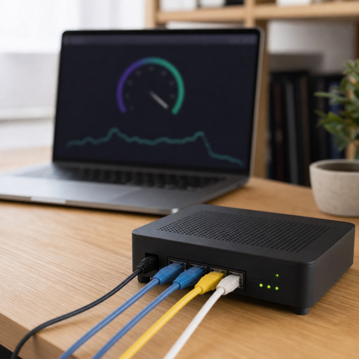 A small router with organized cables in front of a blurred network dashboard on a laptop.
