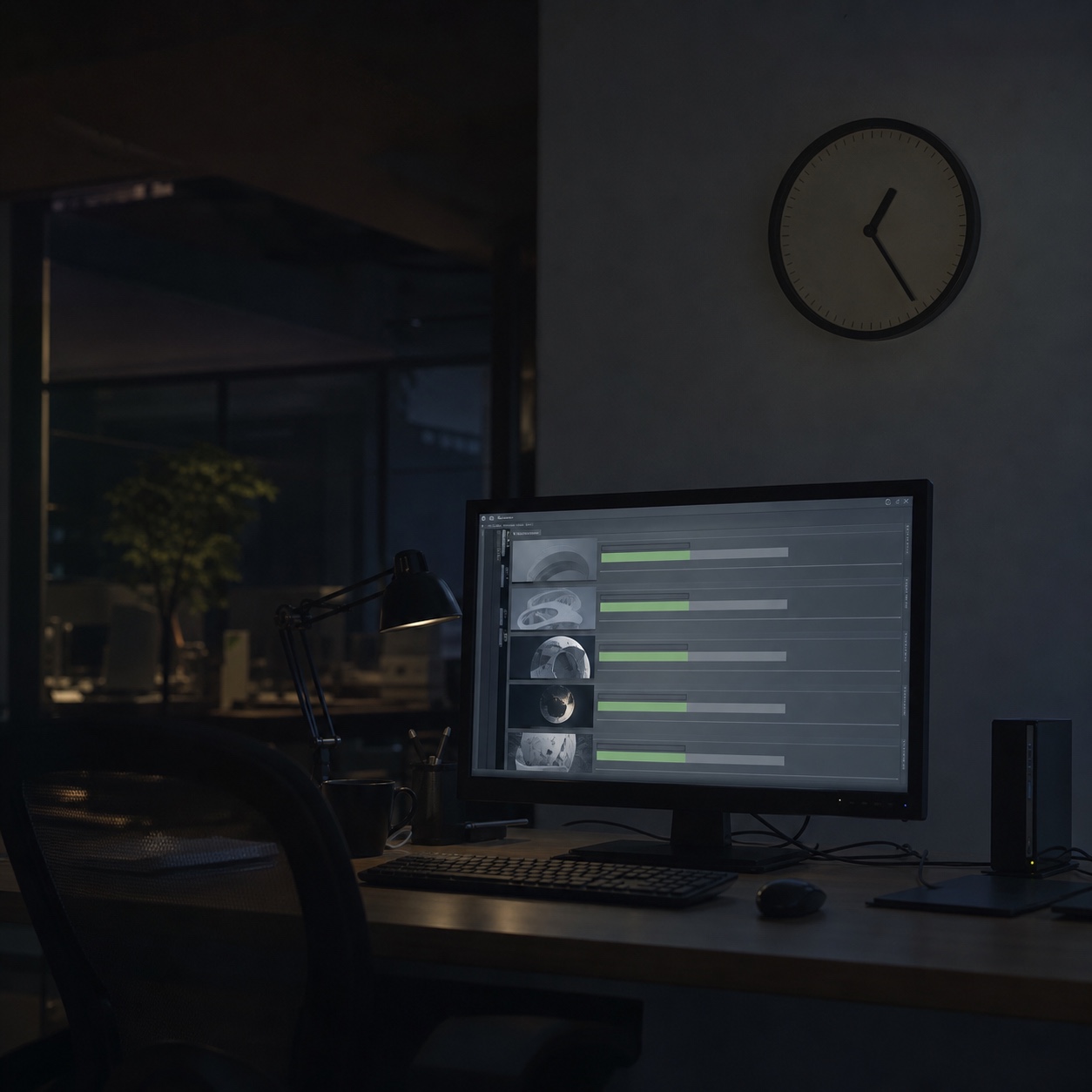 A dark studio workstation running render progress overnight beneath a wall clock.