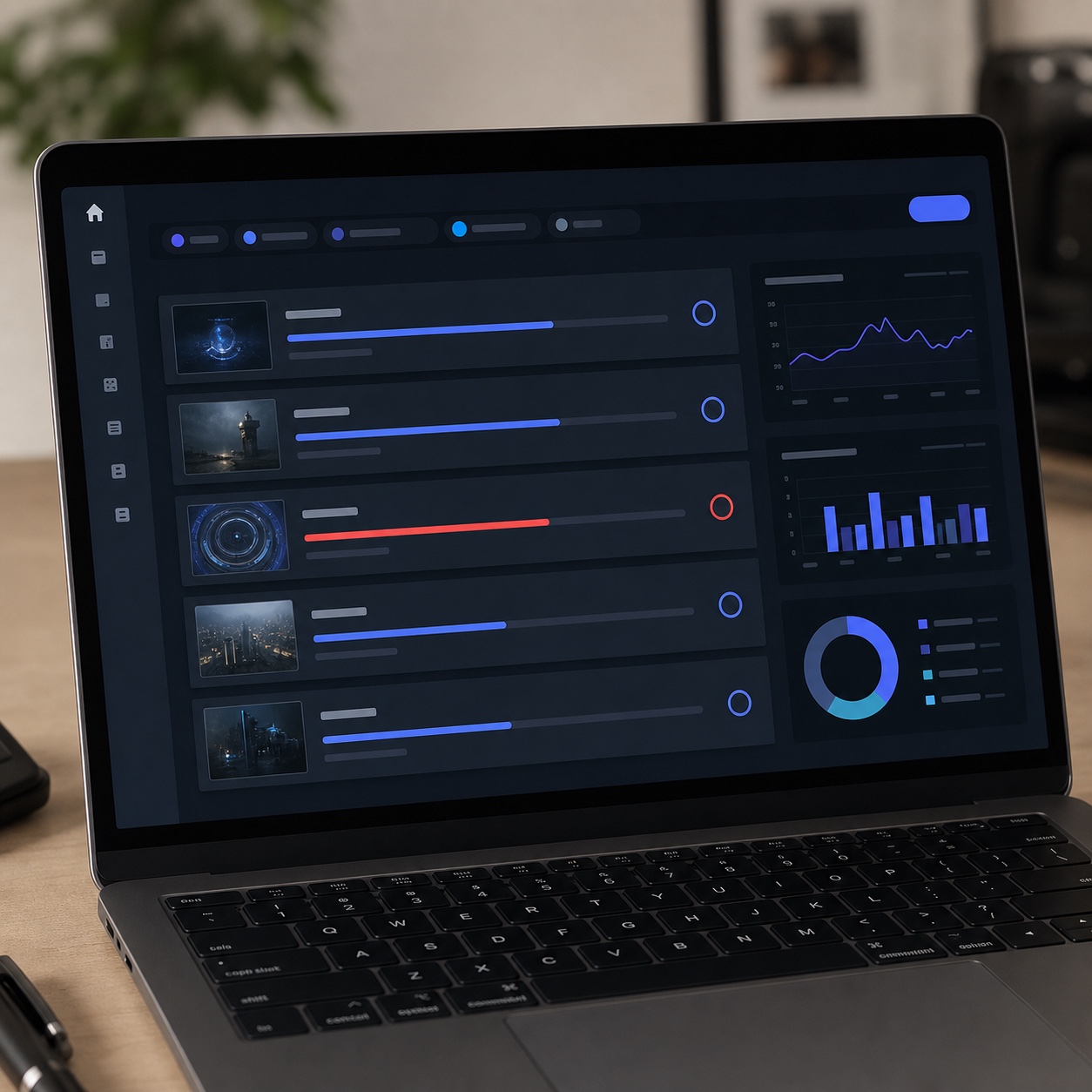 A laptop showing an abstract render queue dashboard with one failed job indicator.
