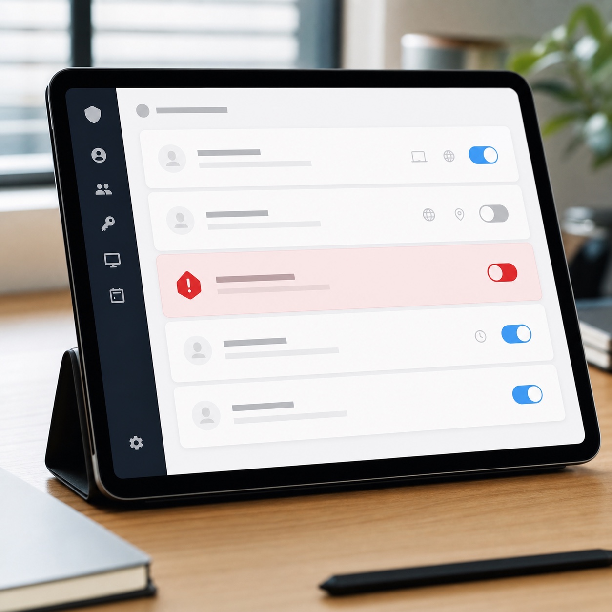 A tablet showing an abstract access request panel with a red security warning row.