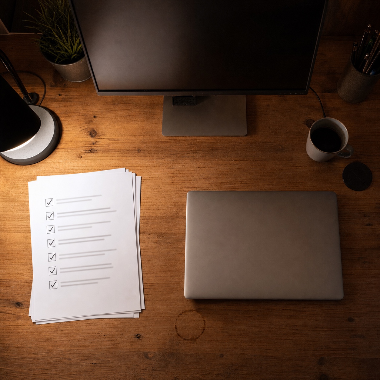 A tidy production desk with a closed laptop, dimmed monitor, and completed support checklist.