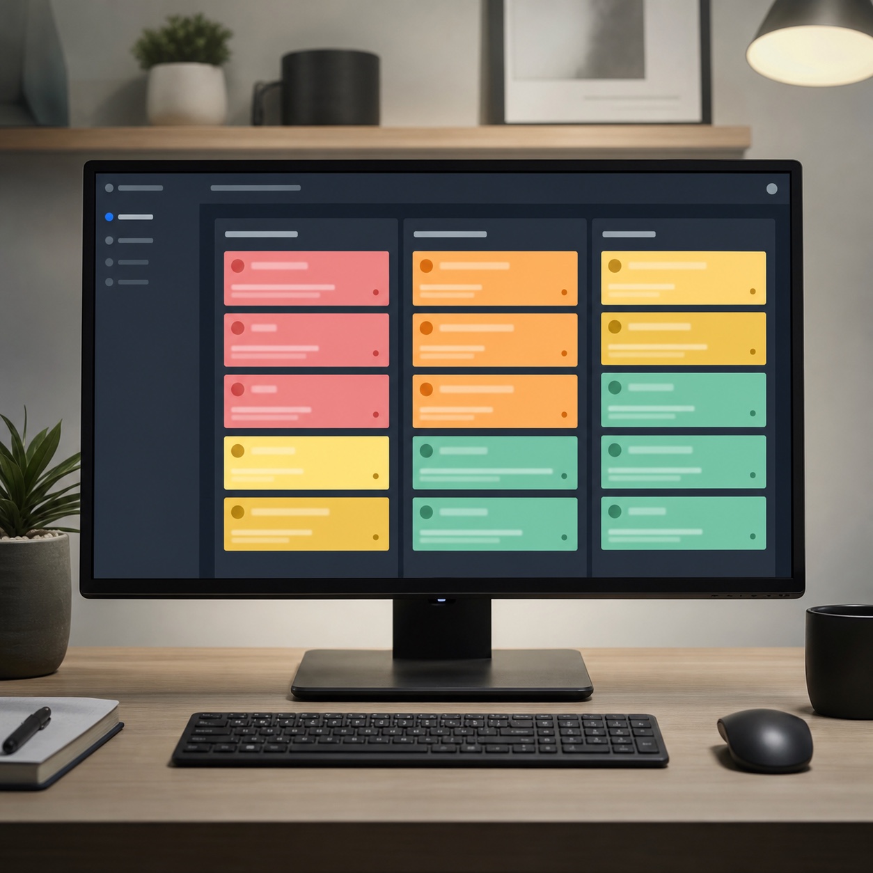 A monitor showing an abstract kanban-style support ticket board with color-coded urgency cards.
