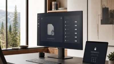Modern design studio workspace with secure file sharing and multi-factor authentication screens.