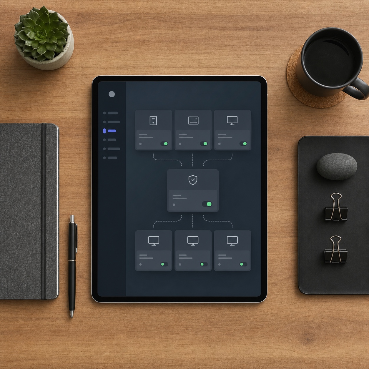 Remote workstation access dashboard on a studio tablet A tablet on a studio desk showing a remote workstation access dashboard. | Sky Rye Design A tablet on a studio desk showing a remote workstation access dashboard.