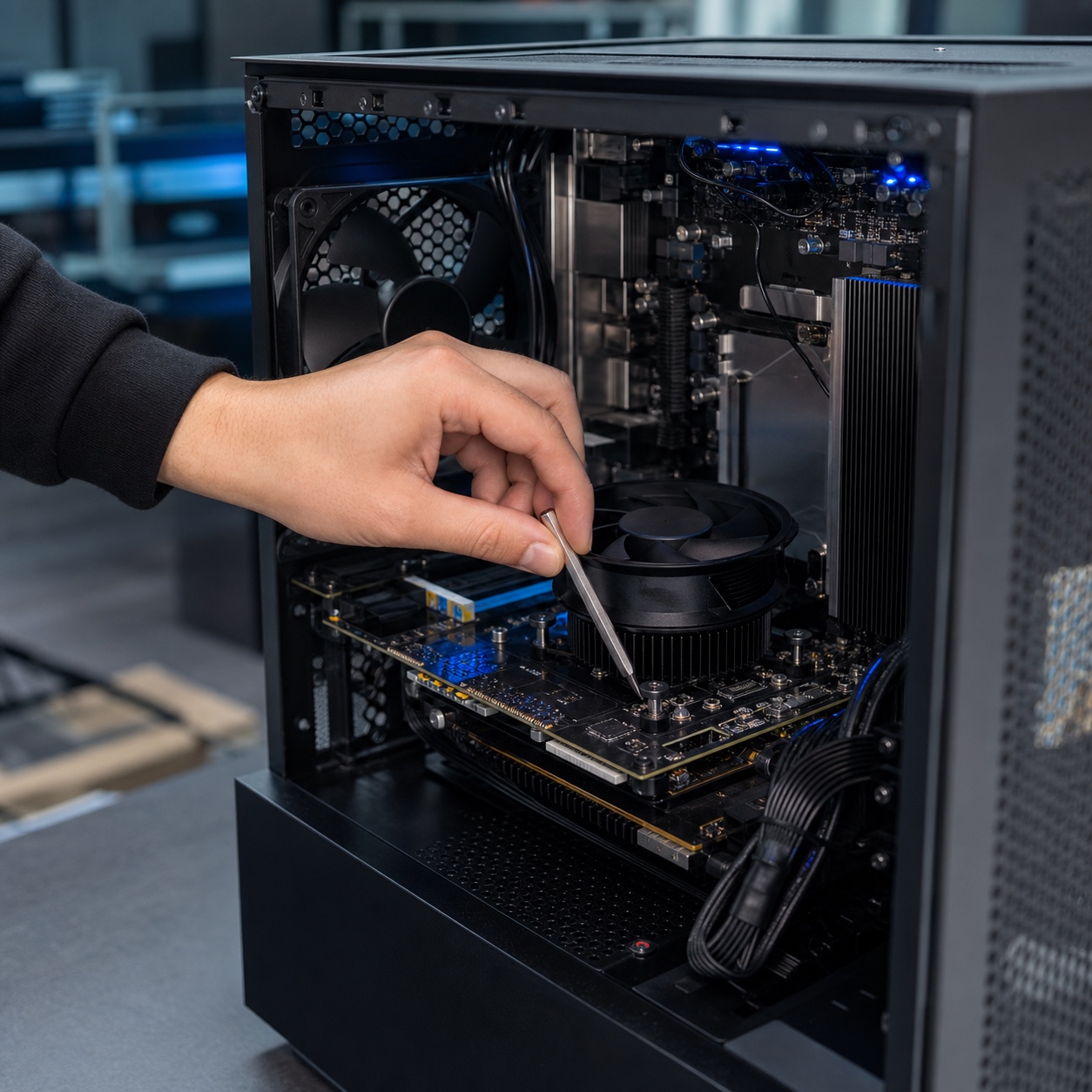 Technician adjusting an internal cooling component inside an open rendering workstation