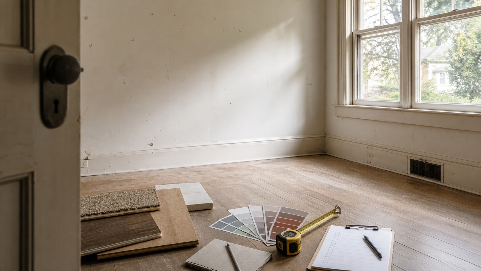 Empty living room with renovation samples and checklist for buyers budgeting after a home purchase.
