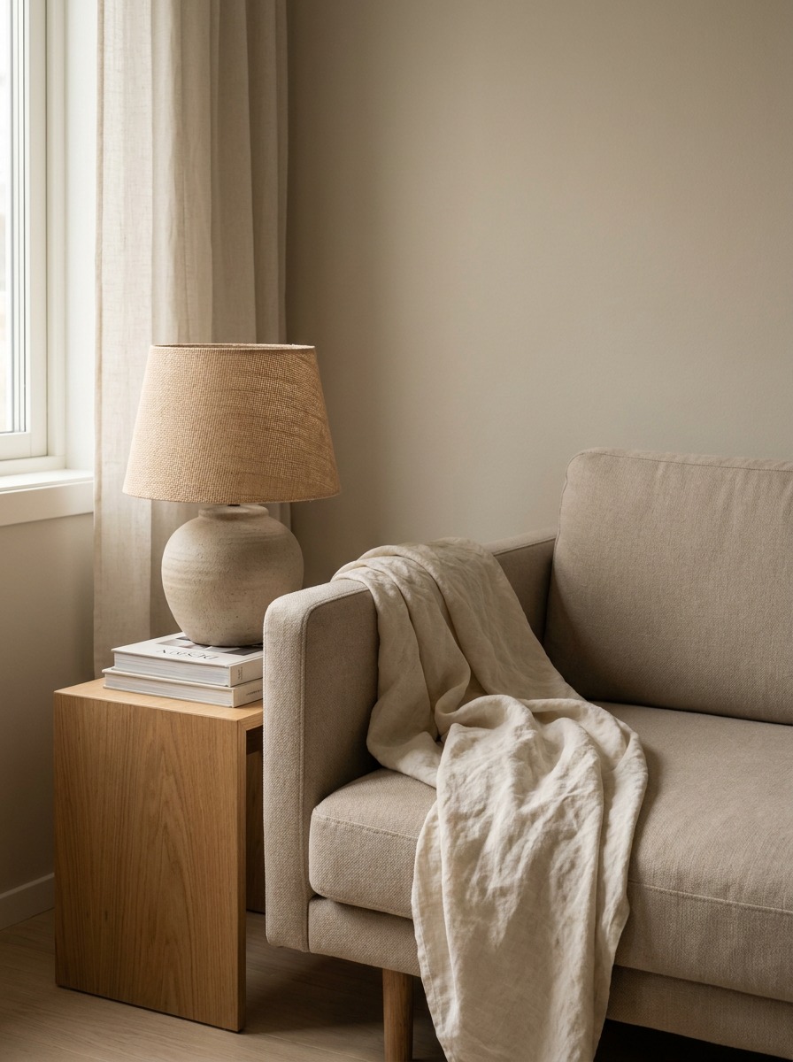 Rental-friendly warm minimalist sofa vignette Rental-friendly warm minimalist vignette with a linen throw, ceramic table lamp, and small oak side table. | Sky Rye Design Rental-friendly warm minimalist vignette with a linen throw, ceramic table lamp, and small oak side table.