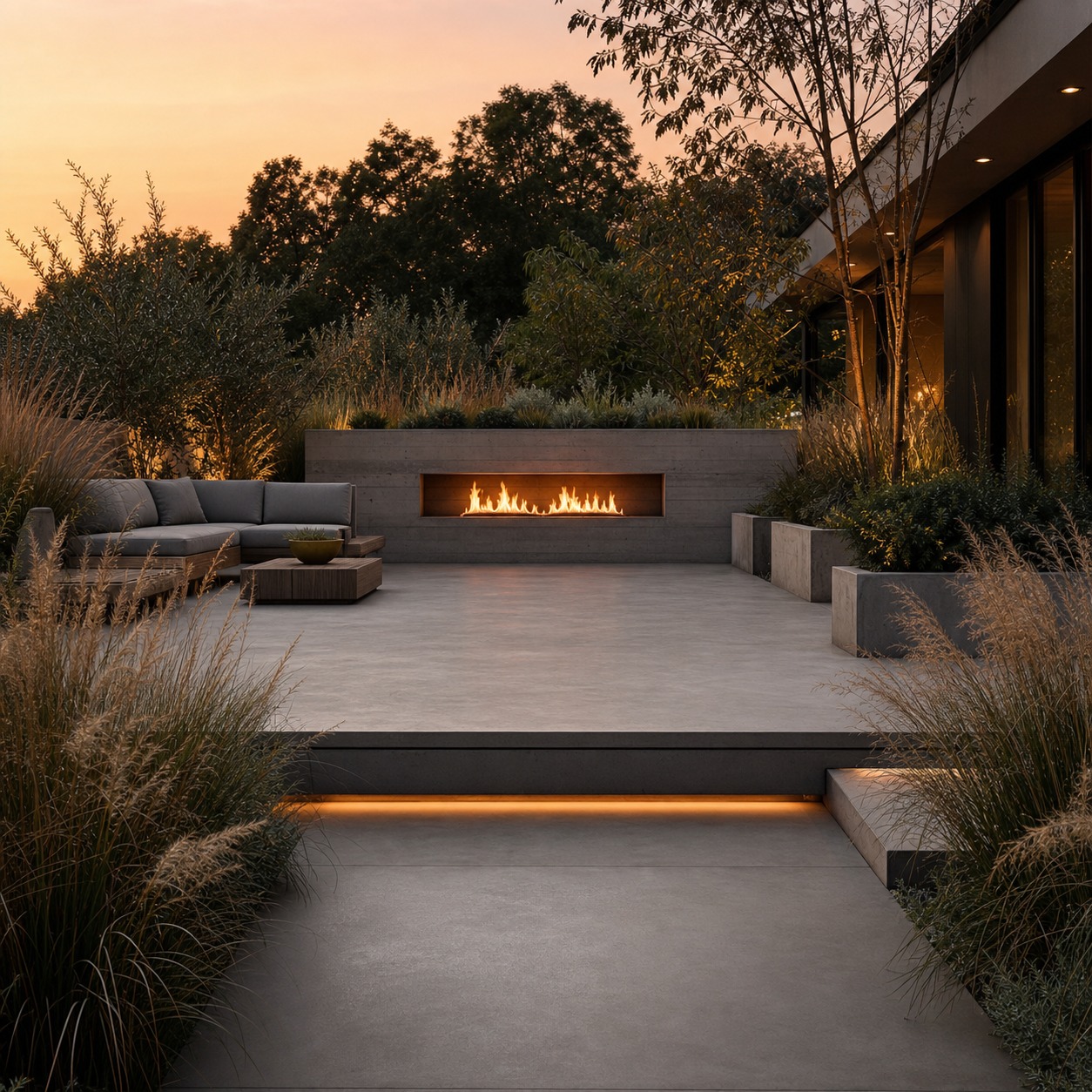 Residential Hardscape Terrace at Dusk Contemporary backyard terrace with built-in fire feature and layered native planting at dusk. | Sky Rye Design Contemporary backyard terrace with built-in fire feature and layered native planting at dusk.