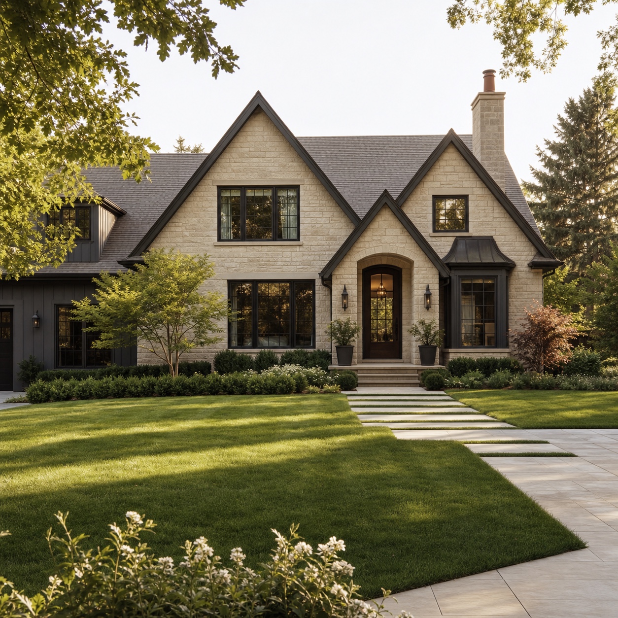 A complete home exterior where lawn, hardscape, and planting feel cohesive.