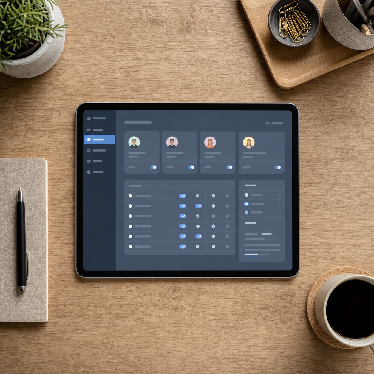 Role access dashboard for a design studio Tablet on a studio desk showing an abstract role access dashboard. | Sky Rye Design Tablet on a studio desk showing an abstract role access dashboard.