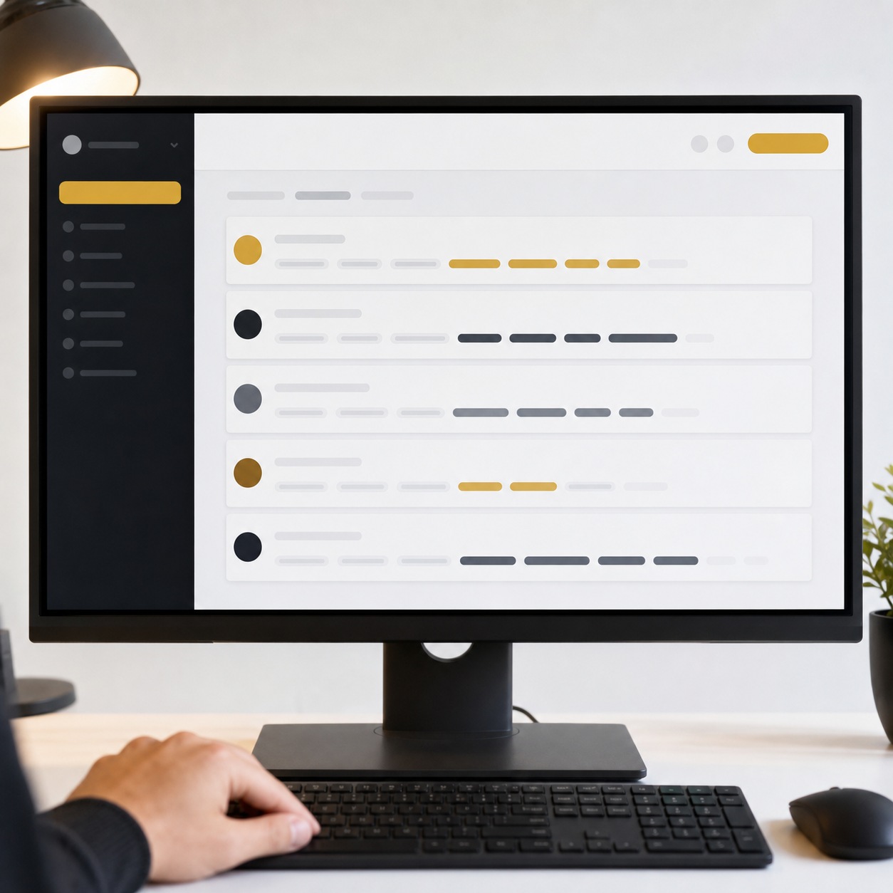 Monitor showing an abstract role-based permissions panel with a hand near the keyboard.