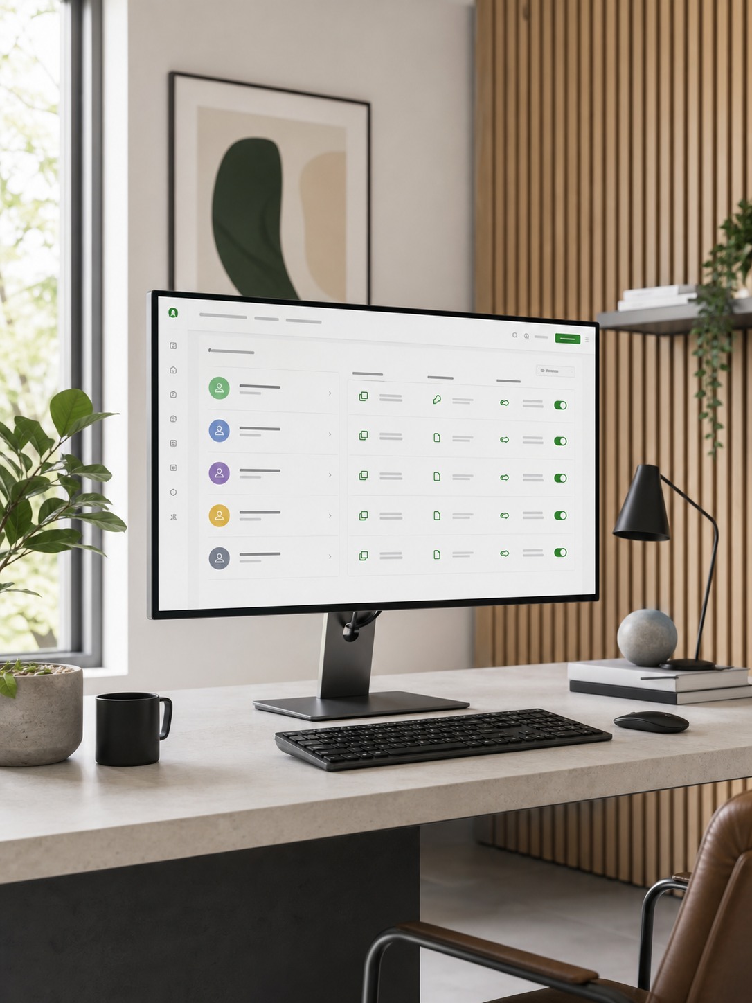 Large monitor showing organized role-based access levels for an active design project.