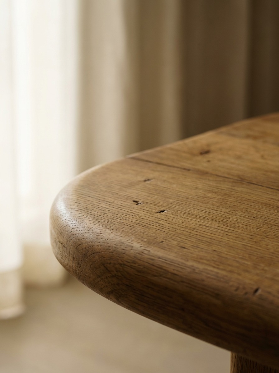 Rounded oak coffee table edge in soft light Close-up of a rounded oak coffee table edge catching a soft light gradient. | Sky Rye Design Close-up of a rounded oak coffee table edge catching a soft light gradient.