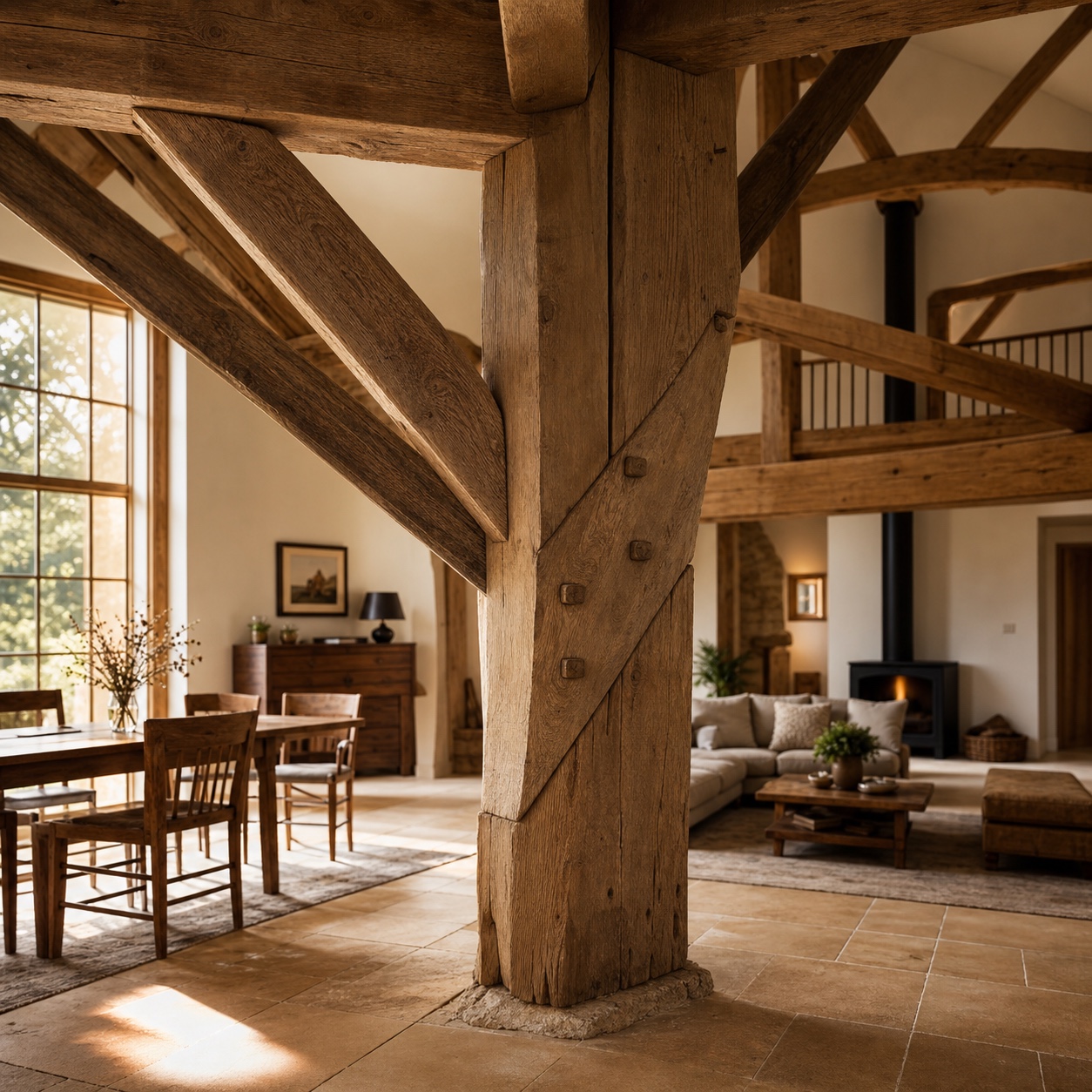 Rustic barn conversion with pegged scarf joint Rustic timber-frame barn conversion with a chamfered scarf joint and exposed pegs as a deliberate design detail. | Sky Rye Design Rustic timber-frame barn conversion with a chamfered scarf joint and exposed pegs as a deliberate design detail.