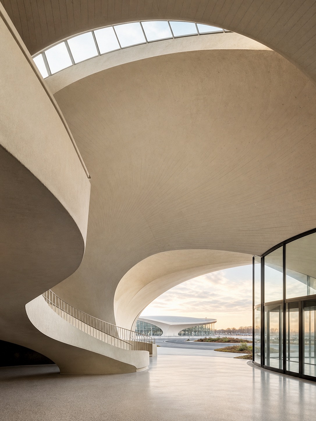 A sweeping white concrete shell roof inspired by mid-century terminal architecture, curving toward daylight.