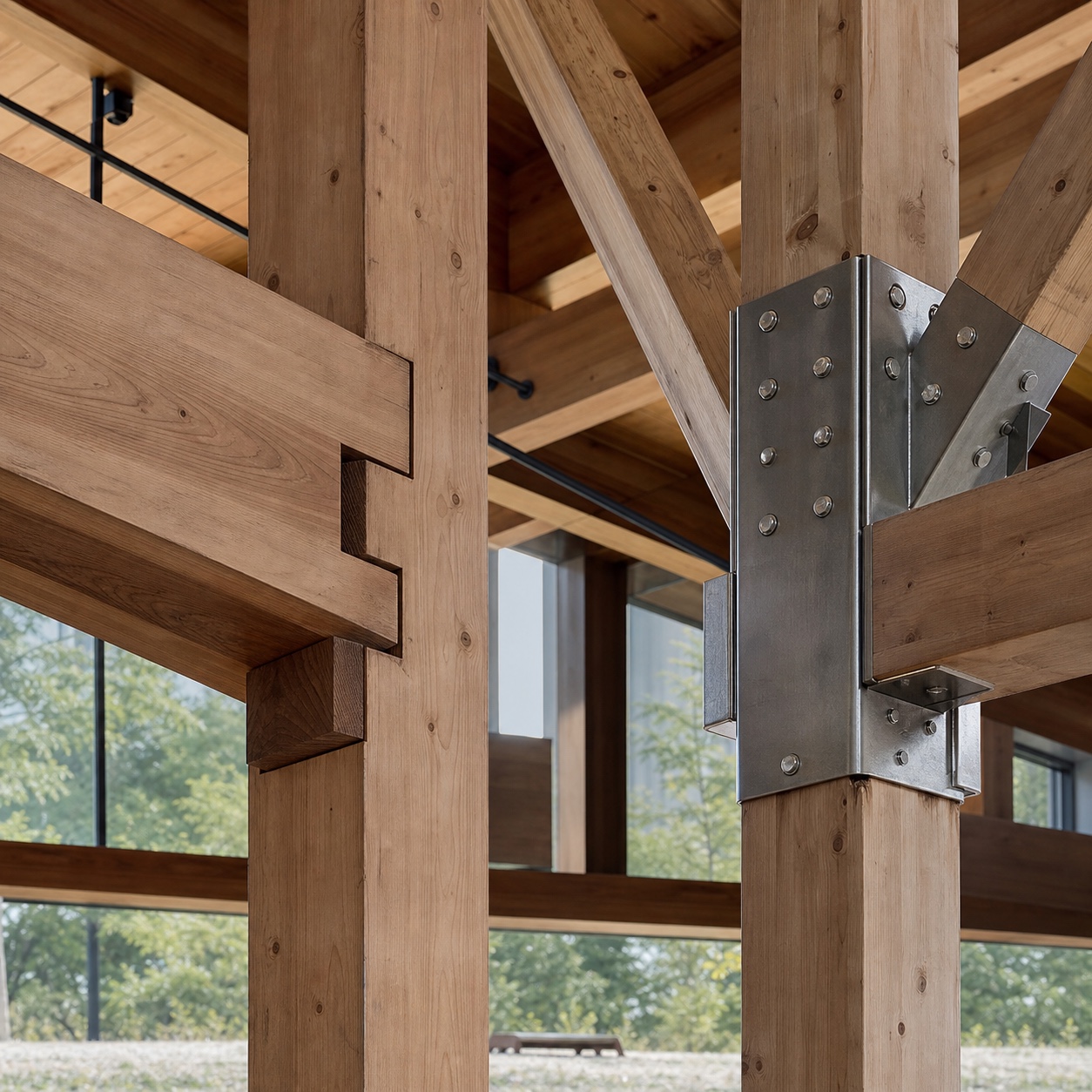 Scarf joint and metal connector comparison in a timber frame Wide architectural view comparing a scarf-jointed timber beam with a metal-plate connector junction in the same structure. | Sky Rye Design Wide architectural view comparing a scarf-jointed timber beam with a metal-plate connector junction in the same structure.