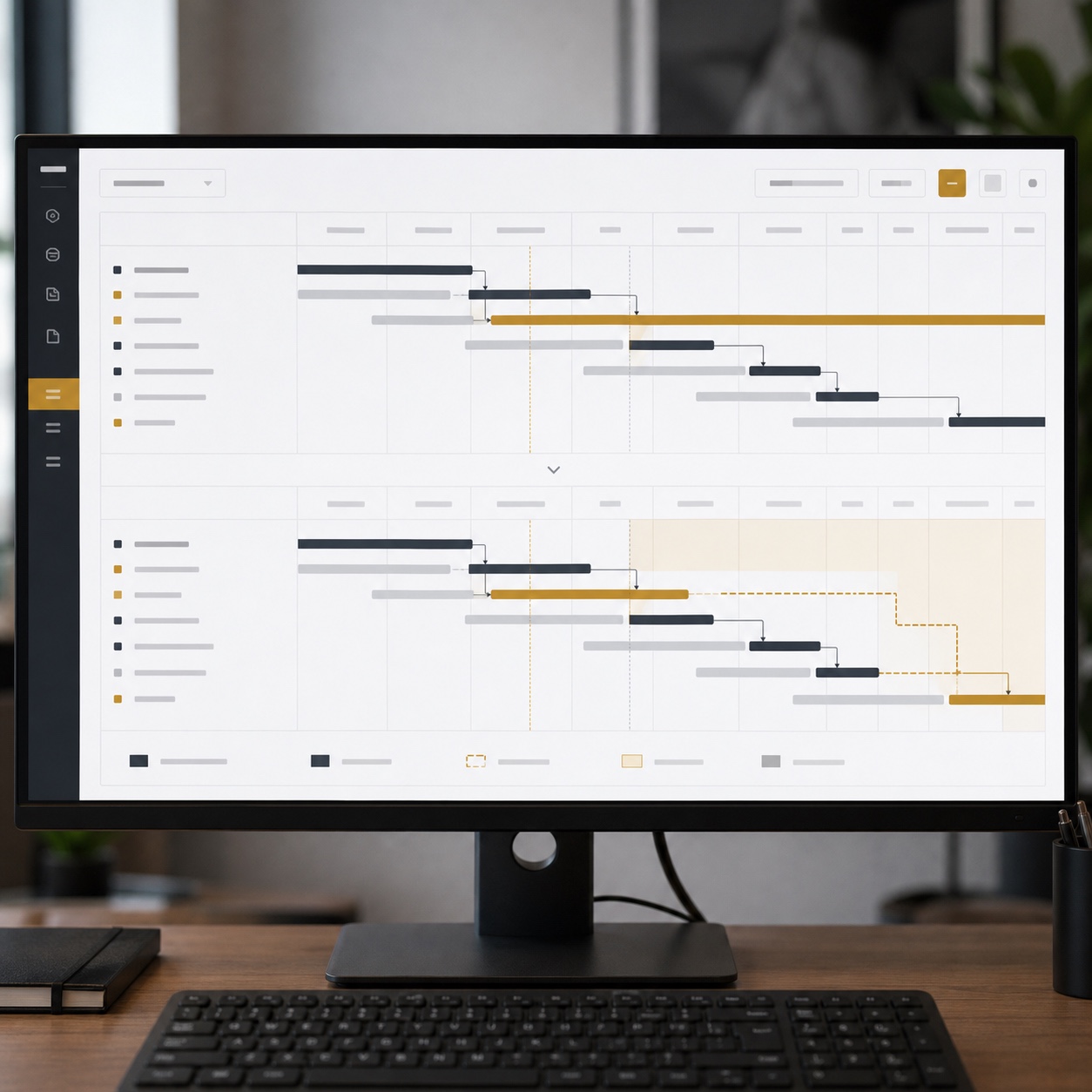 Construction schedule scenario comparison interface Monitor showing two construction schedule scenarios compared side by side in a planning interface. | Sky Rye Design Monitor showing two construction schedule scenarios compared side by side in a planning interface.