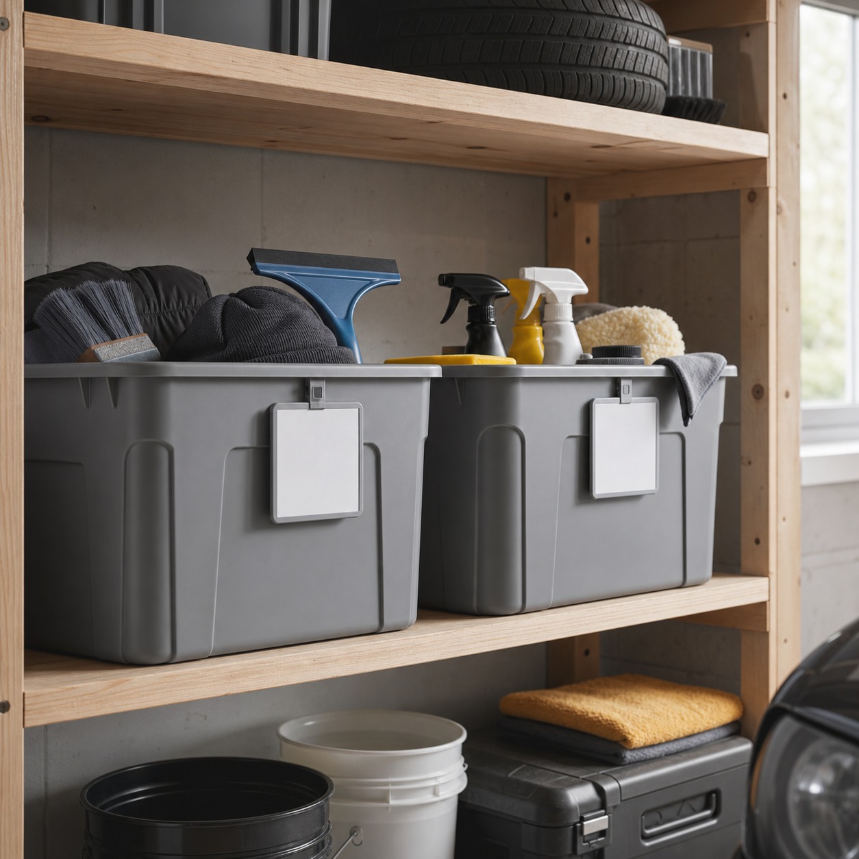 Shelf with labeled winter and summer storage bins for garage maintenance gear.