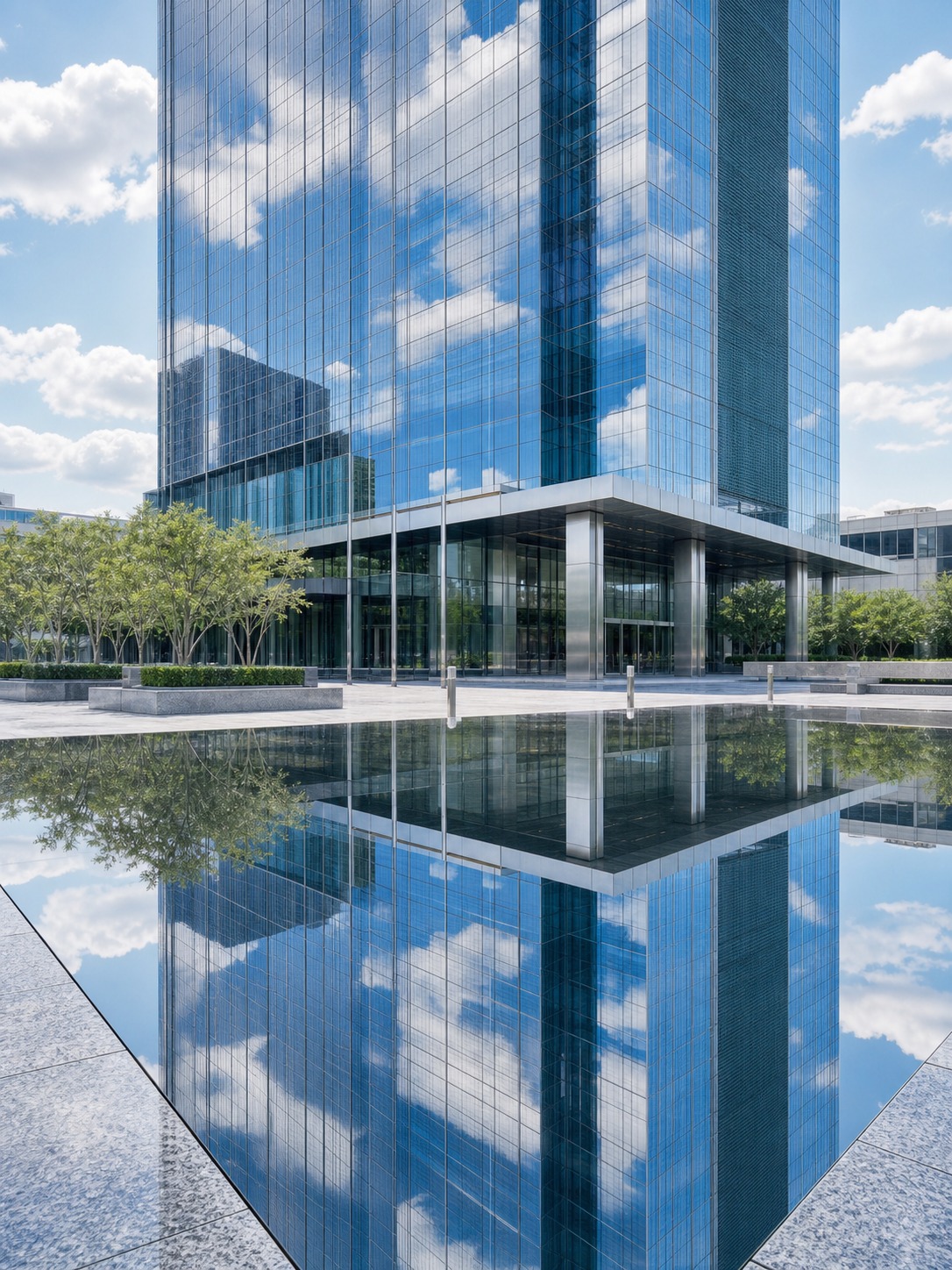 A glass curtain-wall skyscraper reflected in still water beside a polished plaza.