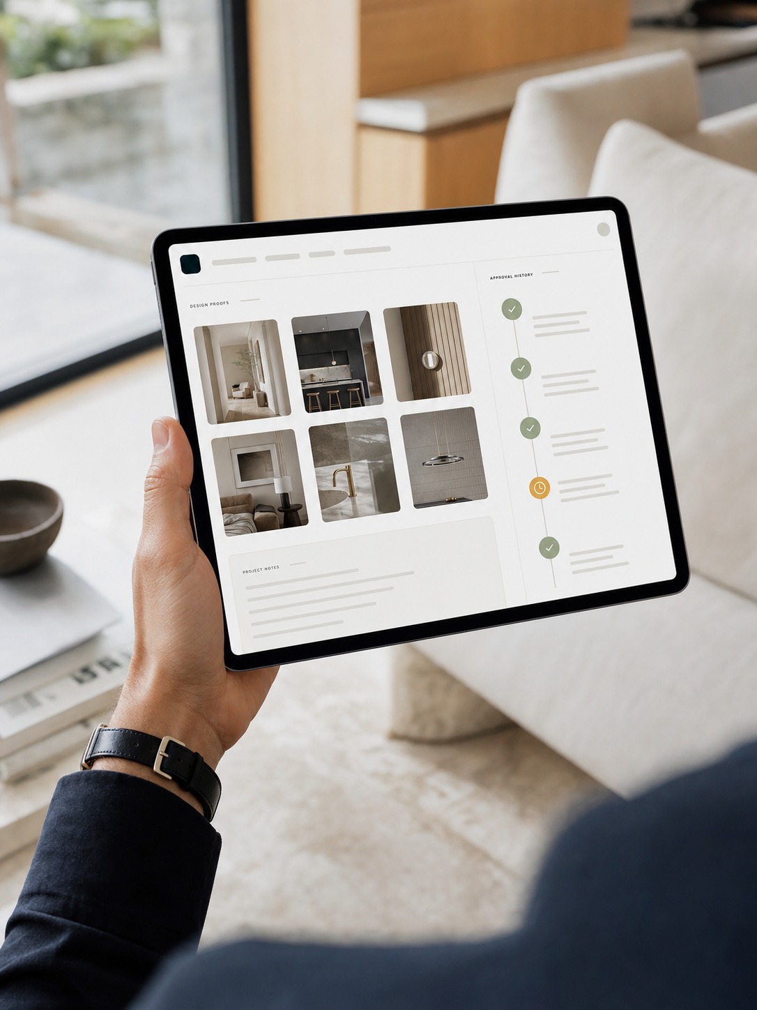 Tablet displaying a secure client portal with design proofs and approval history.