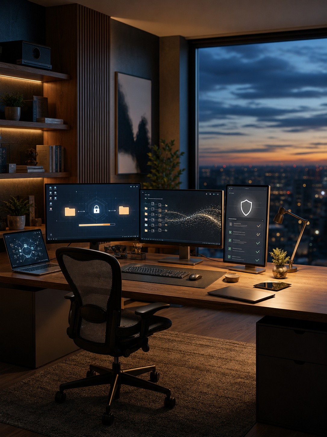 Ultra-modern secure studio setup at dusk with encrypted transfer and permission dashboard screens.