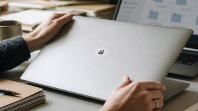 Designer closing a laptop with a lock icon while client file folders sit on another screen.