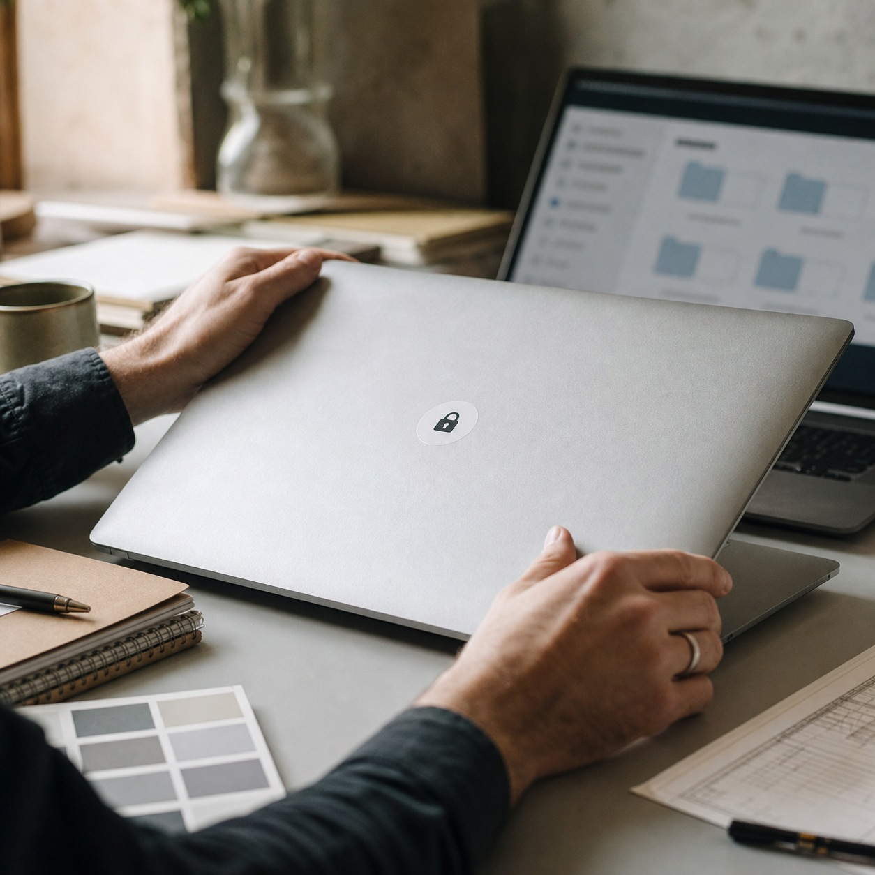 Secure file sharing handoff Designer closing a laptop with a lock icon while client file folders sit on another screen. | Sky Rye Design Designer closing a laptop with a lock icon while client file folders sit on another screen.