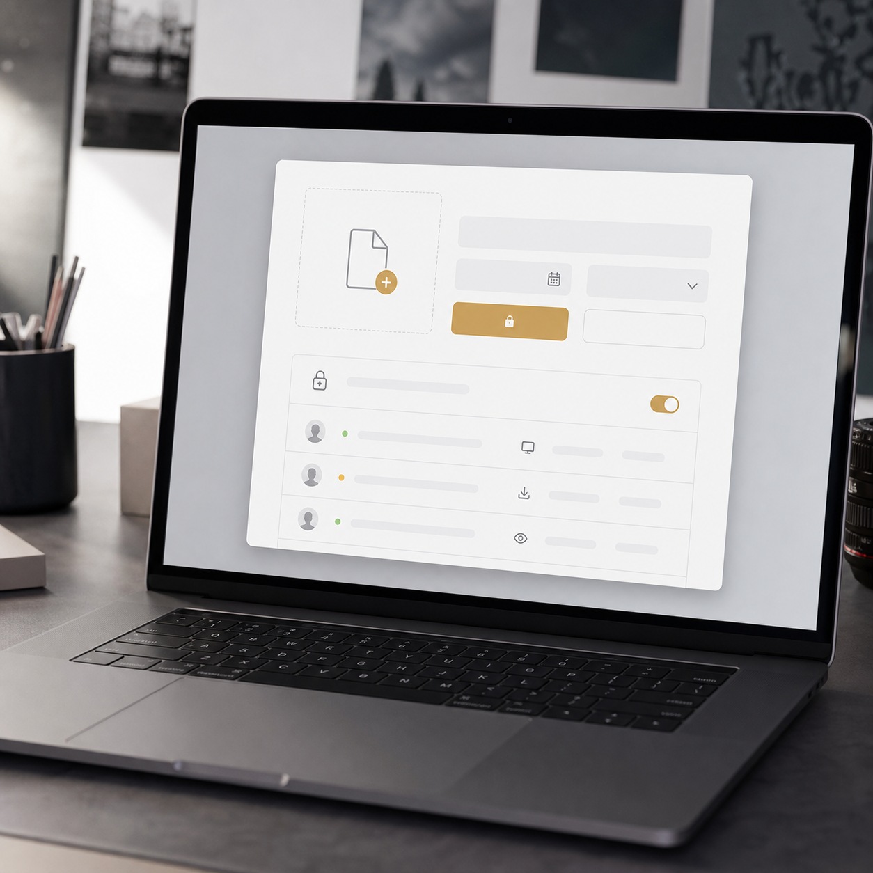 Secure file transfer interface Laptop showing a secure file transfer modal with abstract access controls and activity rows. | Sky Rye Design Laptop showing a secure file transfer modal with abstract access controls and activity rows.