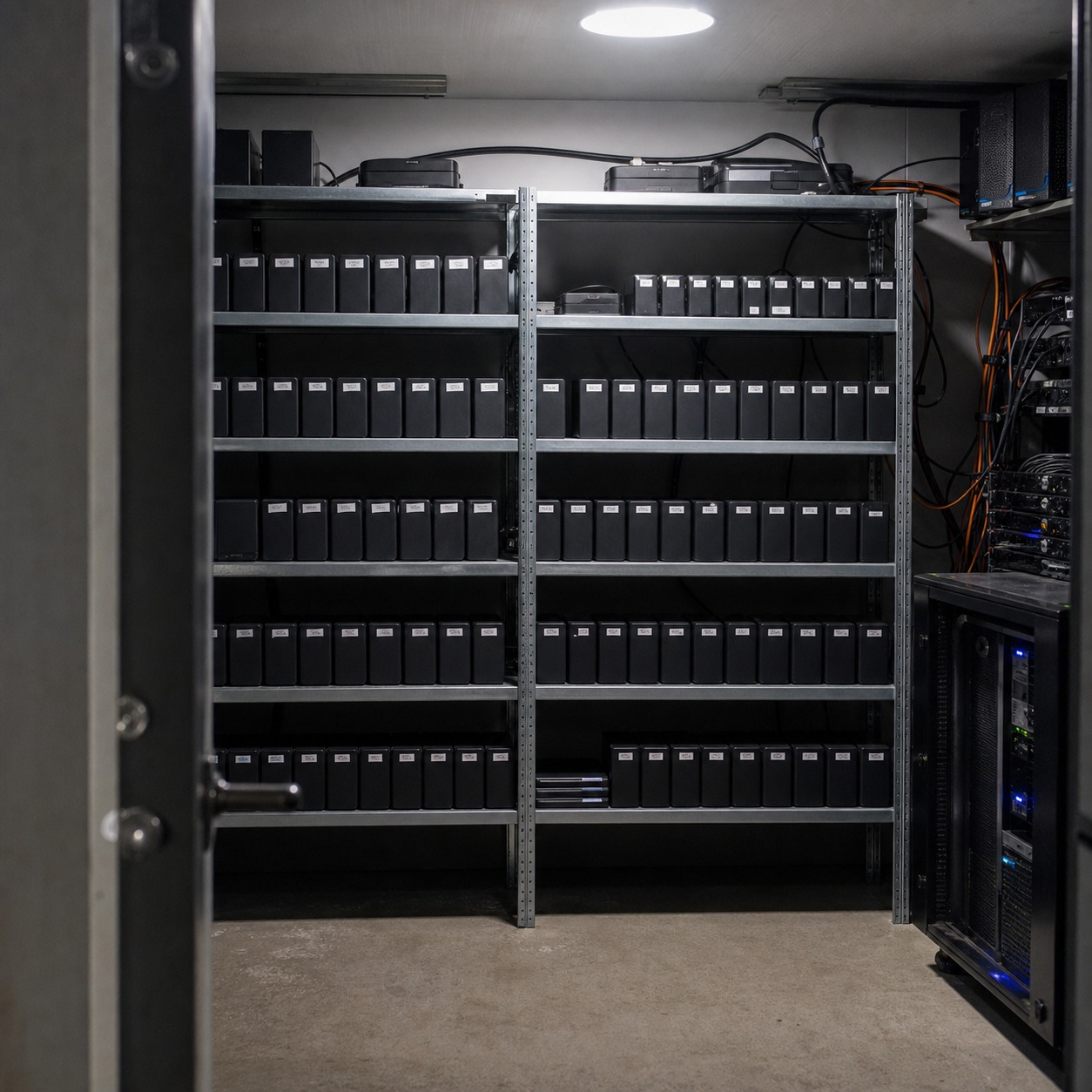 Secure media archive room with rows of hard drives and a small server rack.