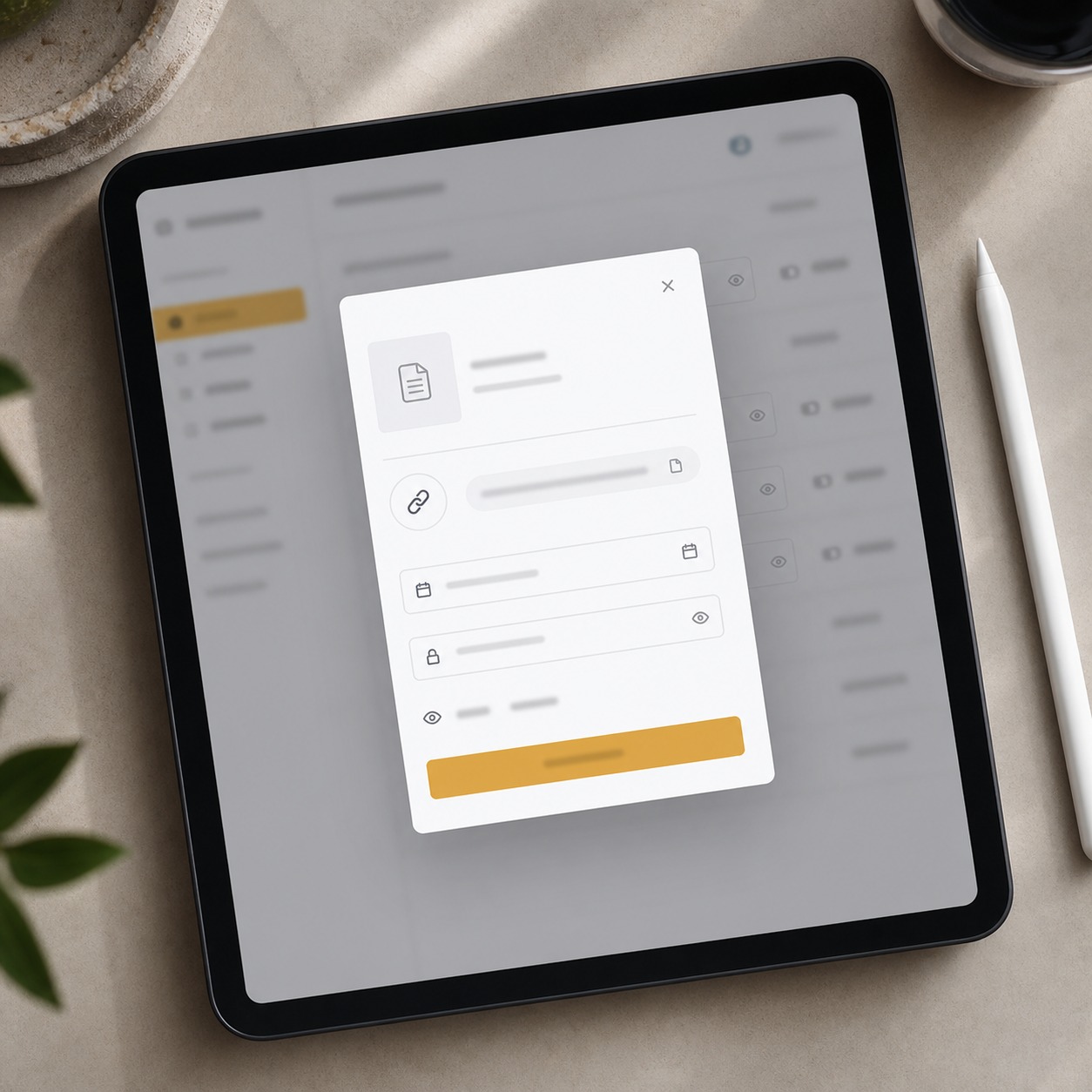 Tablet showing a secure file-share modal with expiration and password controls.